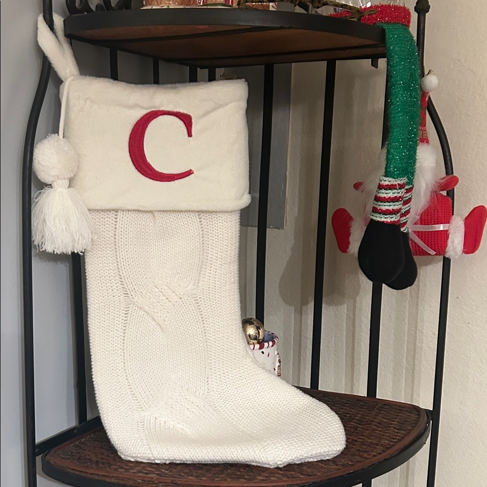 White Knit Christmas Stocking with C Initial